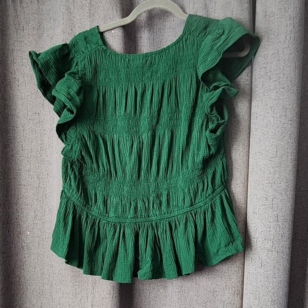Jennifer & Grace Green Textured Ruched Peplum Top Size L – Short Sleeve Zip - Picture 3 of 6